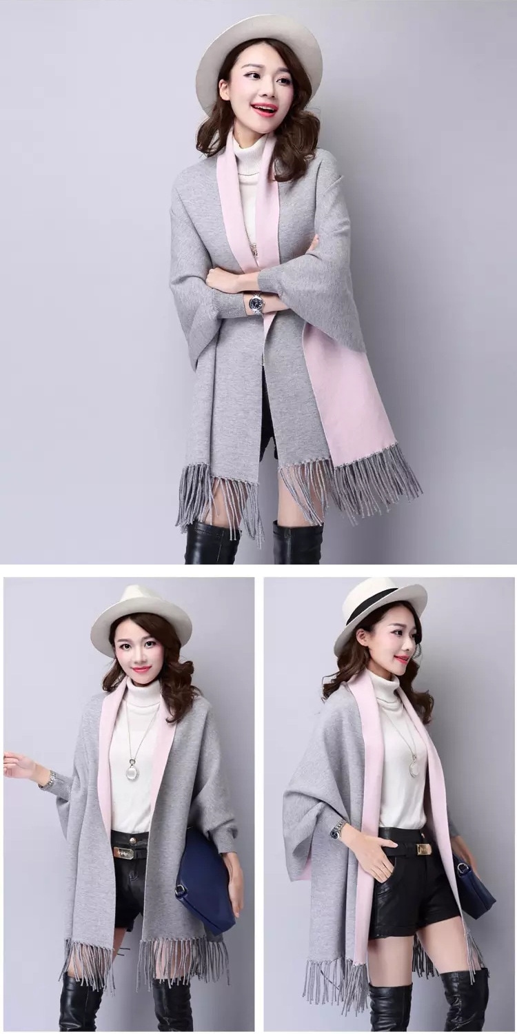 袖付きマントストールマフラー両用厚手秋冬女リバーシブルピュアコート