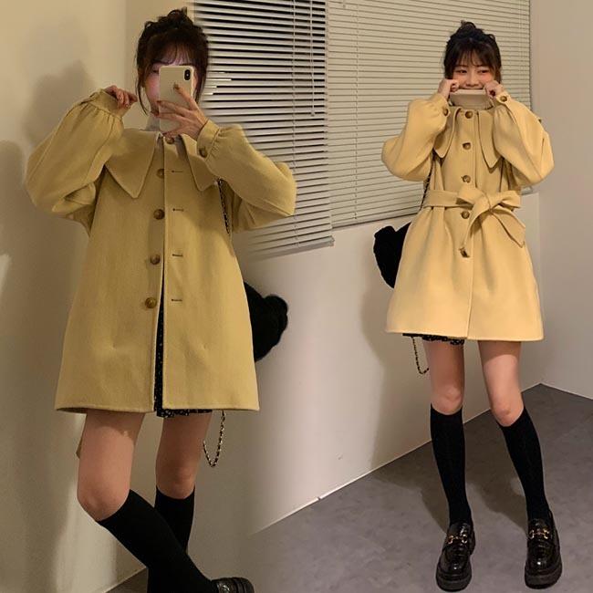 チェスターコート レディース ラシャコート Aラインコート 体型カバー 秋 コート 冬 アウター ベルト付き レトロ イエロー 可愛い 大きい襟 プレゼント 6,739円