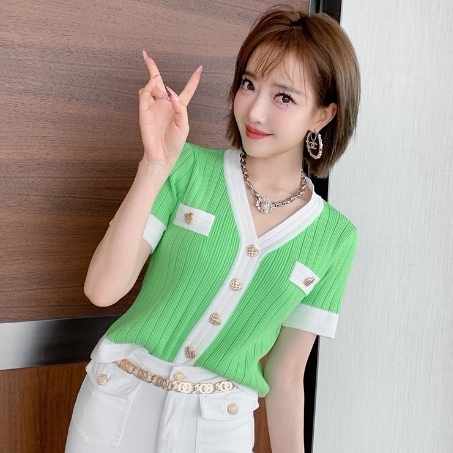 レディース カットソー ニット 半袖 Vネック ボタン リブニット トリミング かわいい 大人可愛い きれいめ シンプル 上品 おしゃれ こなれ感 マニッシュ ガーリー 個性的 モダン 主役級