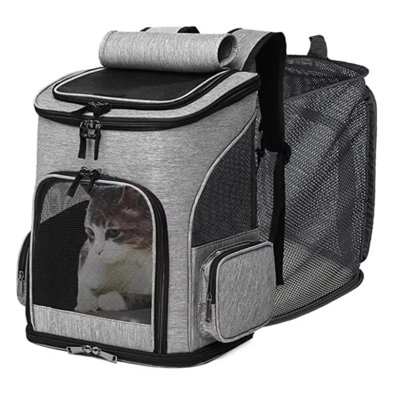 猫用バッグ アウトドア ポータブル猫用バックパック折りたたみ式小型犬猫用アウトドアバッグ 拡張可能なダブルショルダーペットバックパック