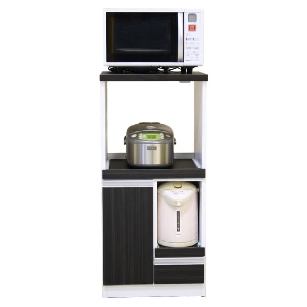 コンパクトレンジ台（キッチン収納） 幅48cm スライドカウンター/一口コンセント/可動棚板付 木目柄 日本製 ブラック（黒） 完成品