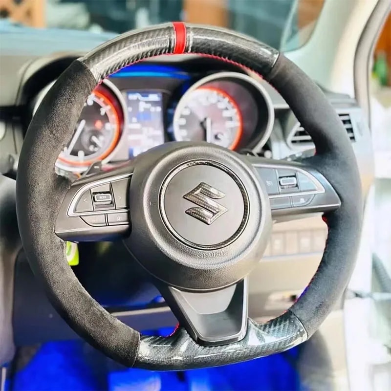 ブラックカーボンスエードカーステアリングホイールカバー,手縫い,滑り止め,スズキジムニー,シエラ,クイック,スポーツ,テシート,バレノ,2018-2024