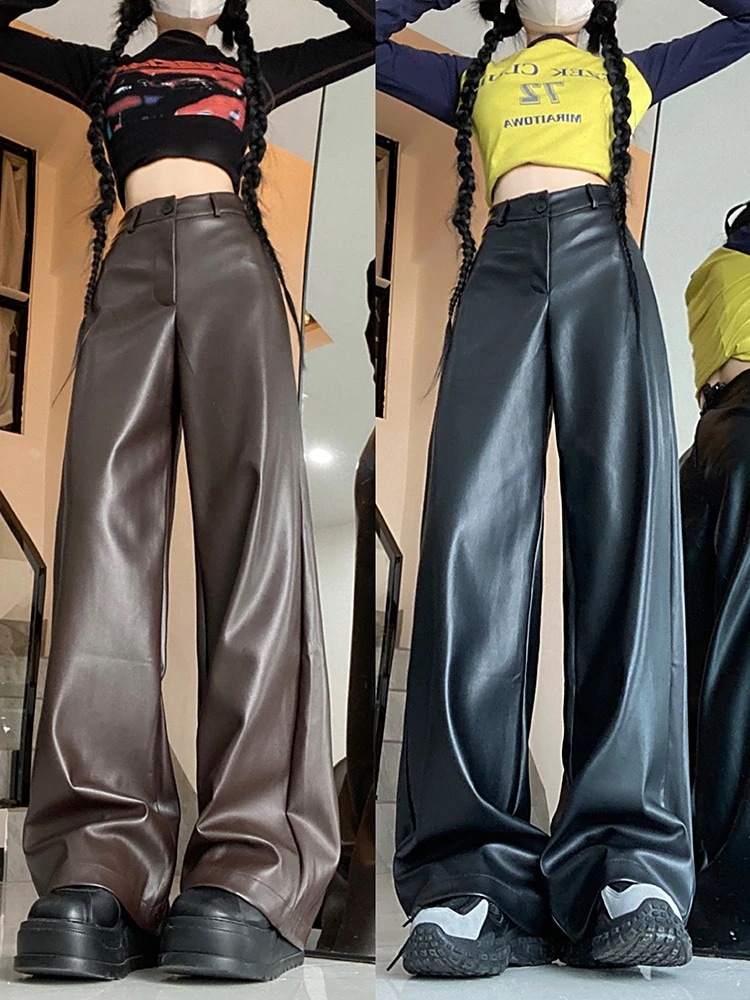アメリカン ワイドパンツ PUパンツ ファッション モップロングスリムパンツ スタイルアップ カジュアル きれいめ ゆるっと サイズストリート 大人っぽ ズボンお姉さん ユニセックスシルエット秋冬