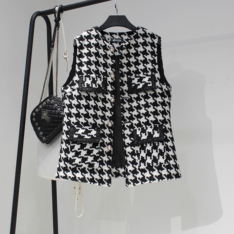 【M-4XL】【大きいサイズあり】千鳥格子柄ジレ パールボタン チャック柄 ジレ ベスト トップス レディース ショート コート レディース 春 秋 冬 オフィスコーデ ママコーデ 体型カバー