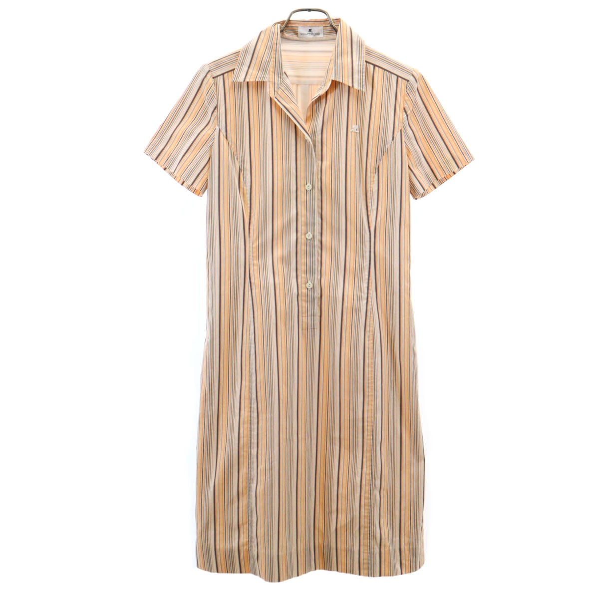 ストライプ柄 半袖 シャツワンピース 9AR オレンジ プルオーバー レディース 古着