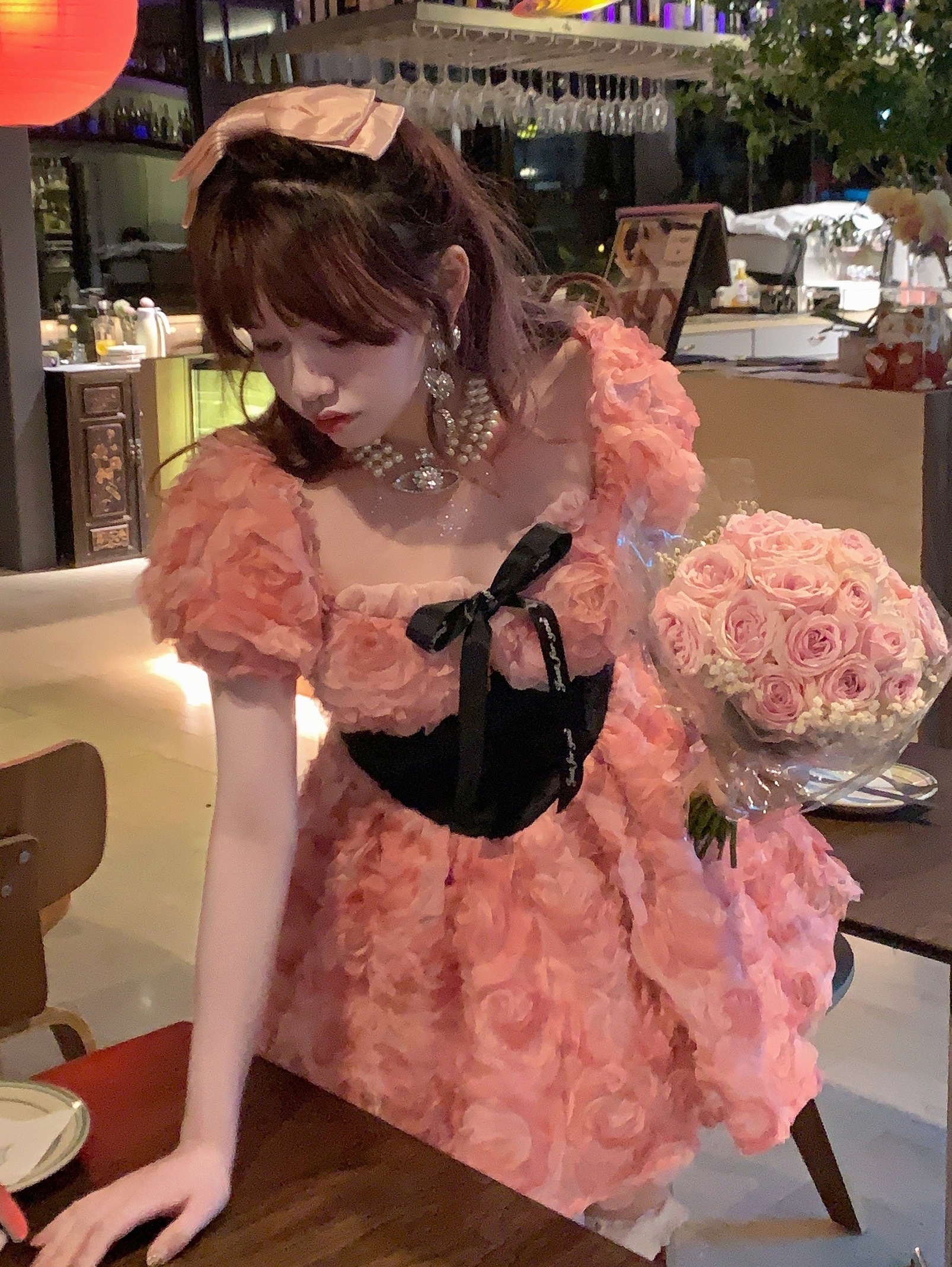 コスプレドレスワンピース森ガールは海辺に行きたいローズベイ重工ピンクフラワーパッチワークウエストパフスリーブワンピース