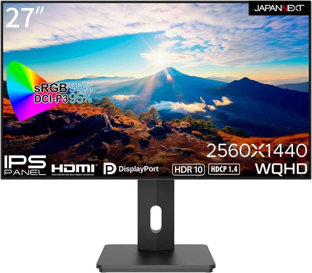ジャパンネクスト [JN-27IPS4FLWQHDR-HSP] 27インチ ワイド液晶ディスプレイ(2560x1440/IPS/非光沢/HDMIx2/DP/チルト/高さ調整/スイベル/ピボット/スピー