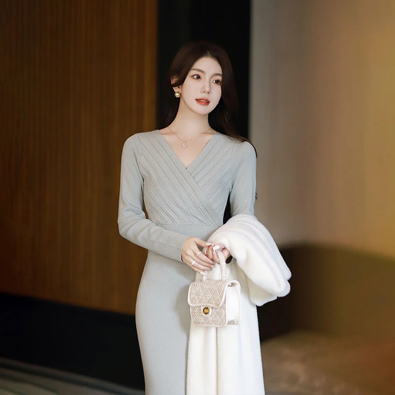 ニットワンピース女性秋冬スリム長袖ミディアム丈パッケージヒップボトムスカート内ワンピース ワンピースレディース ドレス ロングワンピース ニットワンピース ワンピース レディースファッション 韓国