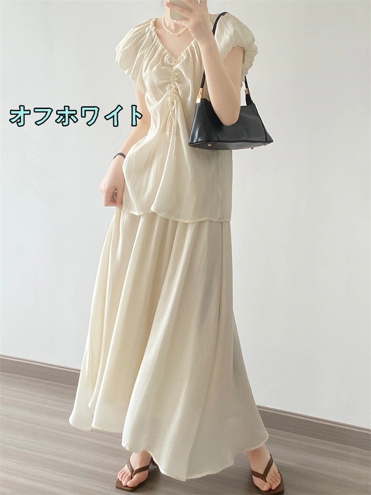 スリム 2点セット 紐抜き カジュアル 半袖トップス 2023夏 シャツ ロングスカート 早い者勝ち 快適であるオールインワンセットアップセットアップ