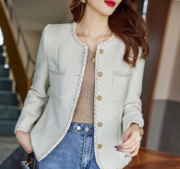 ツイードジャケット ノーカラー ゴールドボタン 金ボタン ツイストライン 黒 白 謝恩会 韓国 レディース オルチャン きれいめ 上品 襟無し ノーカラージャケット フリンジ ラウンドネック