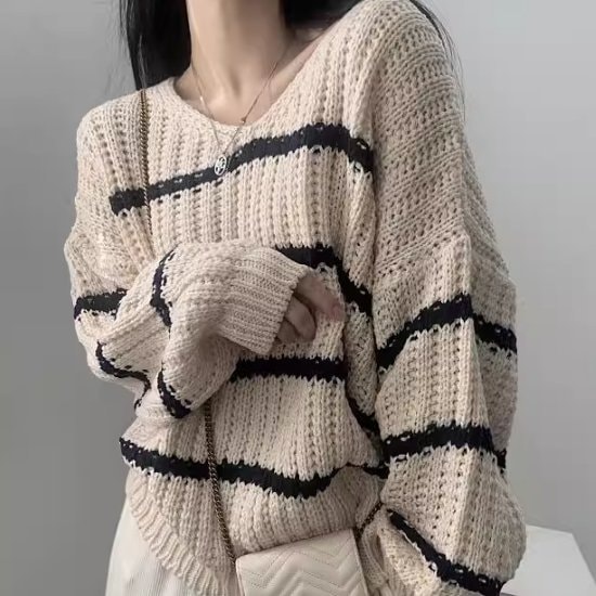 ニットセーター レディース トップス セーター ニット 長袖 Ｖネック ルーズ ボーダー バイカラー コントラストカラー カジュアル お出かけ おしゃれ プルオーバー 女性 ファッション