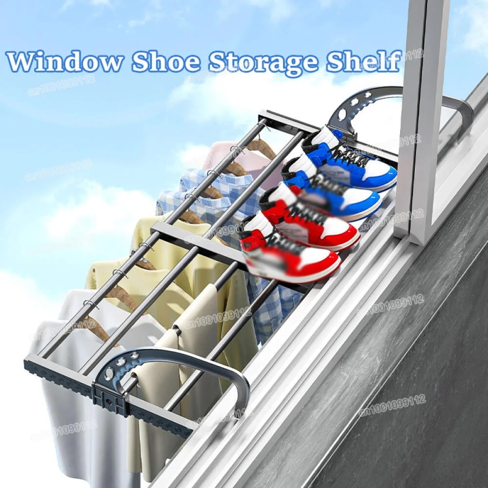 拡張可能な衣類乾燥ラック 折りたたみ式ウィンドウフレーム棚 バルコニーハンギングオーガナイザー ホームシューズ収納