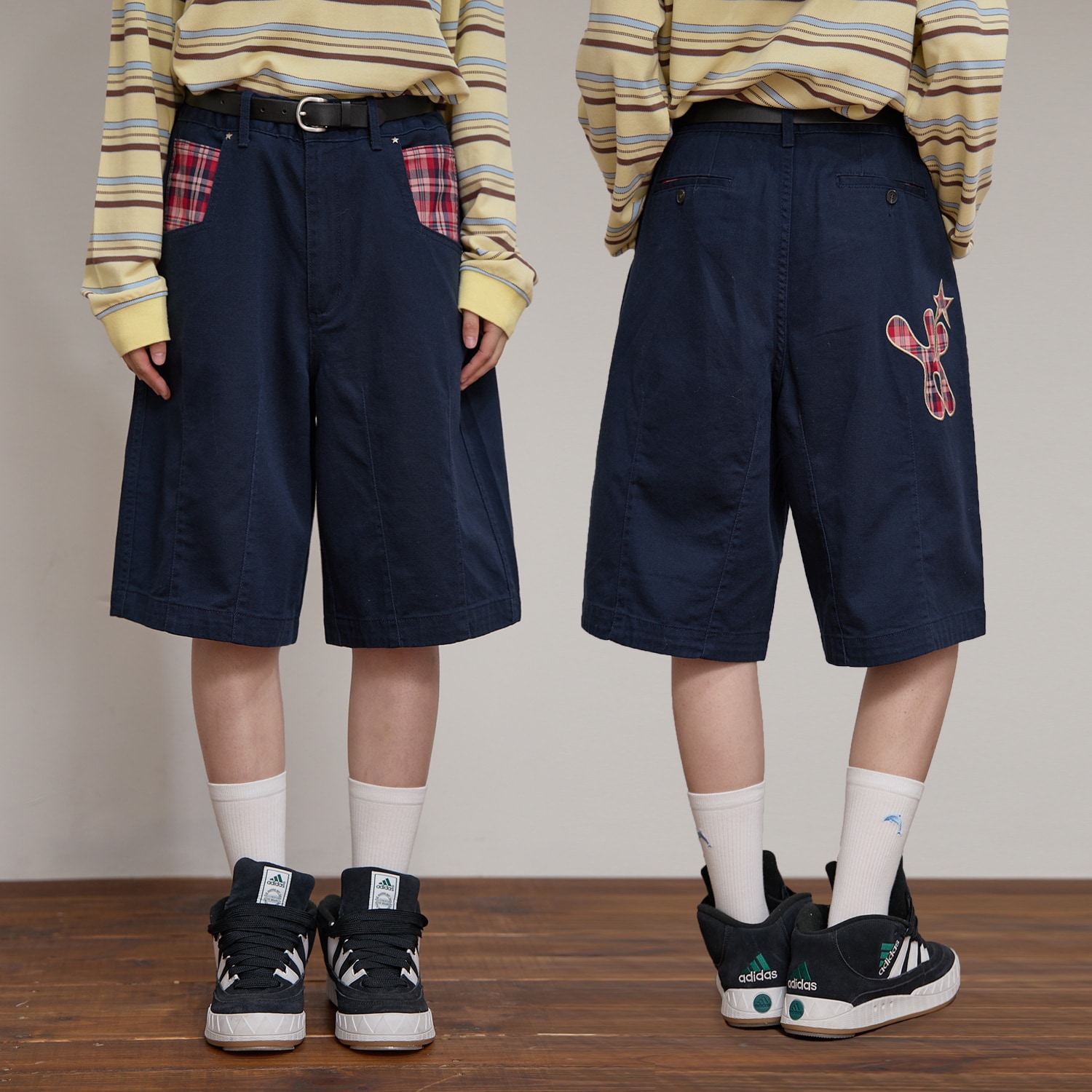 Check Applique Half Pants NAVY