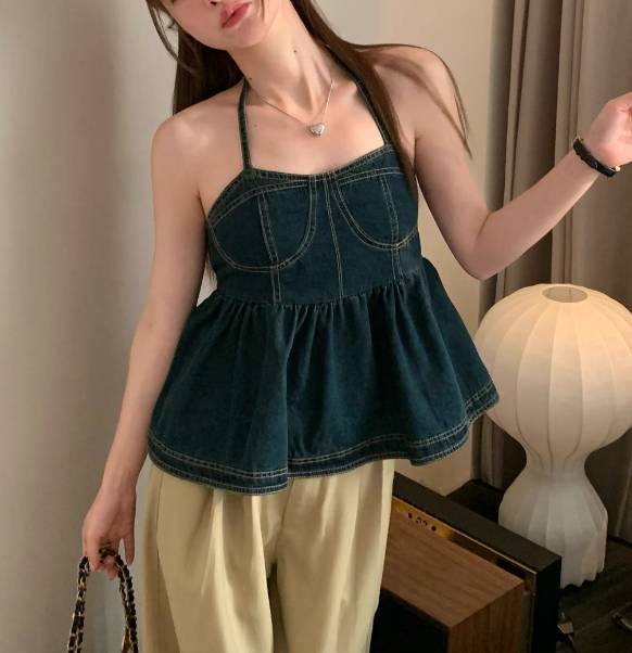 ペプラムトップス レディース トップス チュニック 袖なし ノースリーブ キャミソール 襟なし ペプラム デニム ブルーデニム かわいい 大人可愛い シンプル カジュアル おしゃれ ガーリー 存在感