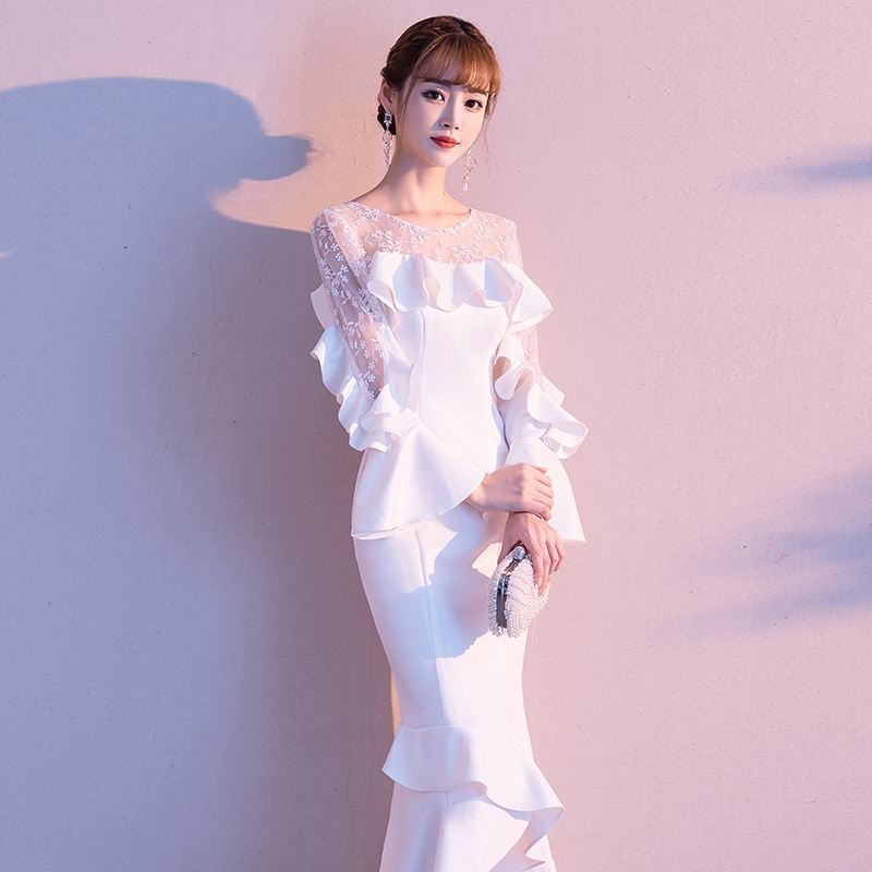 袖あり マーメイドドレス タイトワンピース ウエディングドレス ナイトドレス パーディードレス ピアノミモレドレス ホワイト 結婚式 二次会 舞台用 披露宴 演奏会-727