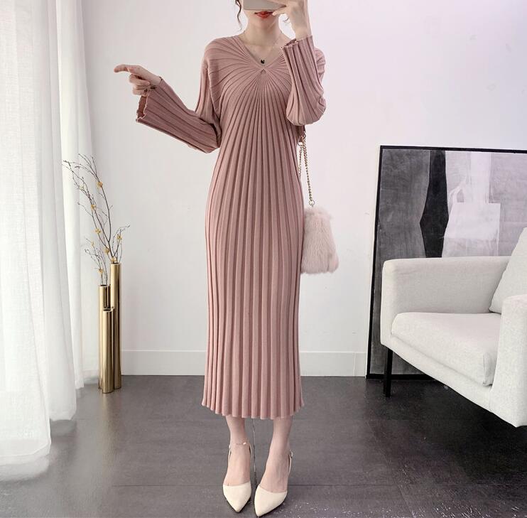 【本日限定】ニットワンピース リブニットワンピ　秋冬 レディース 　長袖　マキシワンピース　大きいサイズ　ドレス　リブニット　vネック　フレアスリーブ　お呼ばれ　結婚式 フォーマル