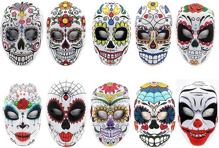 カラベラ ガイコツ メキシカンスカル メキシコ シュガースカル ドクロ マスク 仮面 仮装 お面(10種 10個セット)