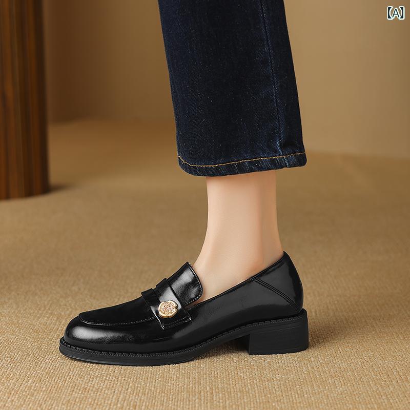 ローファー レディース オフィス レトロ 太 ヒール 英国風 深 履き 裏起毛 ミディアム ヒール 通勤 革靴 小さめ 革靴