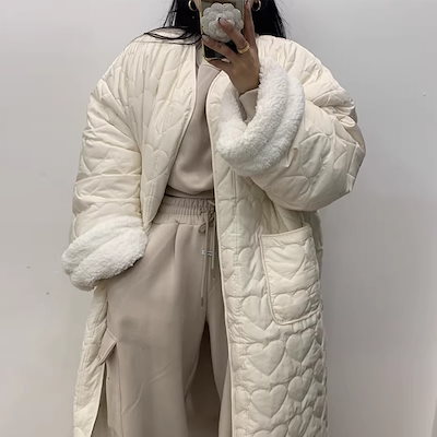 2024韓国シックな秋と冬のレトロな気質はエンボス加工された大きなポケットが厚くルーズなレジャーロングコッ