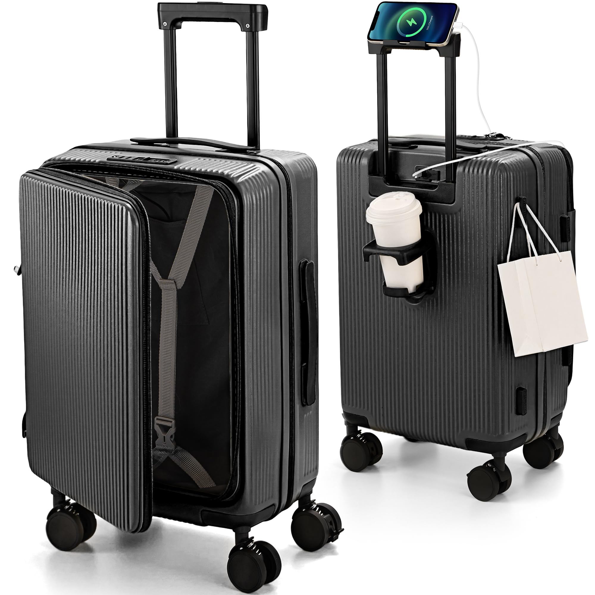 [RIMUKE] スーツケース 機内持ち込み キャリーケース 多機能 片開き 拡張機能付き キャリーバッグ フロントオープン USBポート付き カップホルダー付き 隠しフック機能 超軽量 耐衝撃 静音