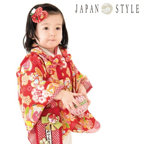 レンタルJAPAN STYLE 被布セット 1歳 女の子 ひな祭り 雛祭り 衣装赤地に鶴菊梅女の子 赤ちゃん ベビー 一歳 着物 衣装 和服 初節句 ハーフバースデー 誕生日 正月 桃の節