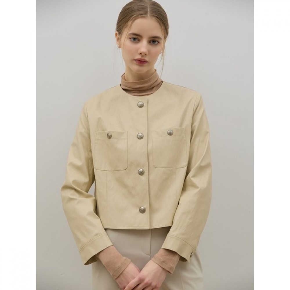 [Shes Miss] ミニマリストノーカラーフェイクレザージャケット (価格:308,000ウォン)