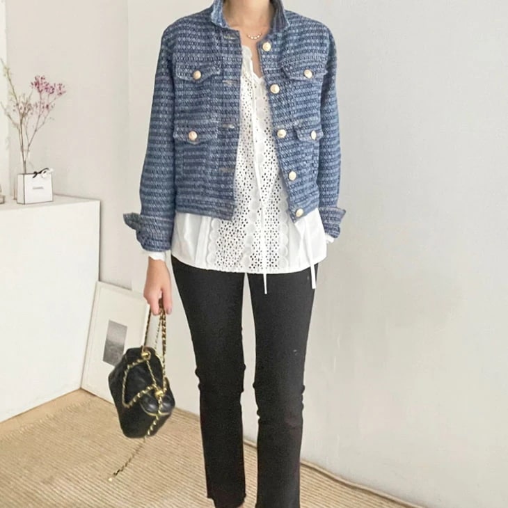 ショート丈 ジャケット アウター 羽織り 金ボタン デニム風 ゆったり 大きめ 無地 可愛い カジュアル シンプル きれいめ ブルー 春 秋 冬 レディース 韓国ファッション