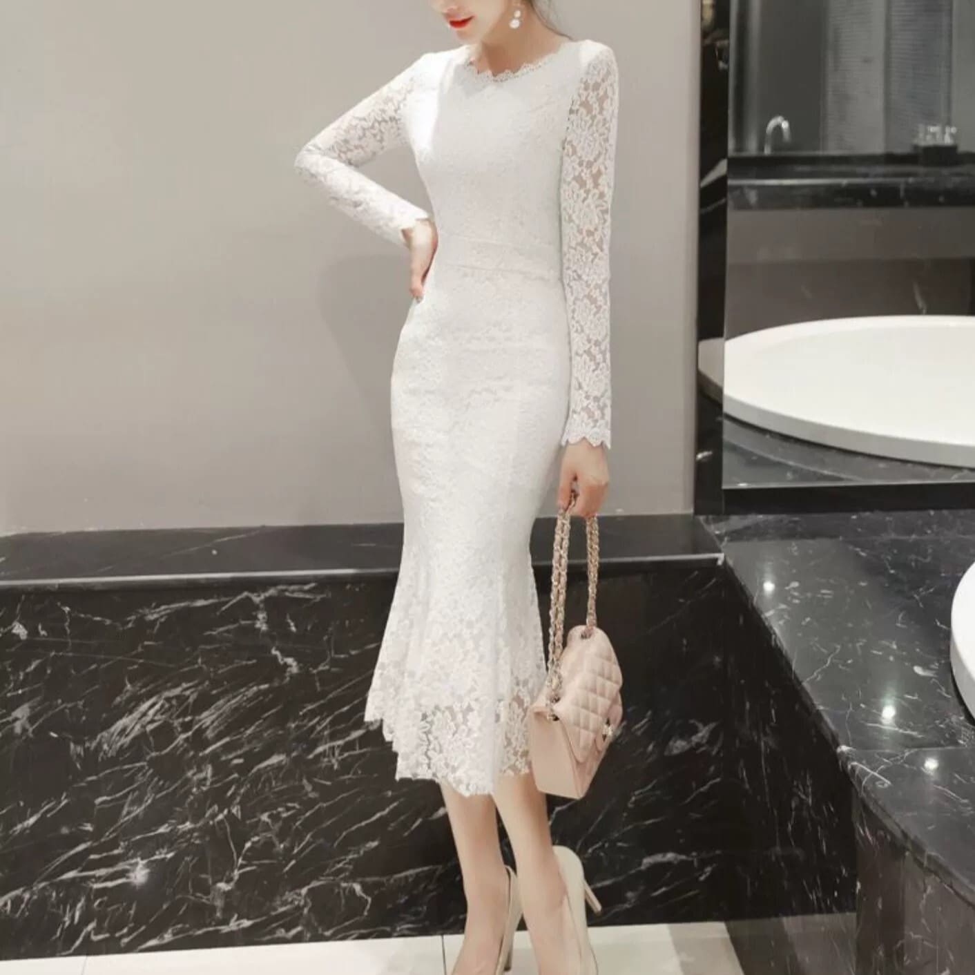 ドレス パーティードレス 膝丈ドレス マーメイドドレス ワンピースドレス 長袖 ラウンドネック スレンダー タイト スリム 細身 レース 透け感 シースルー 大人可愛い 大人 上品 おしゃれ