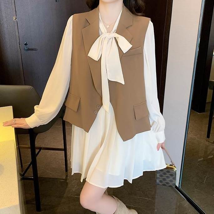 【急速出荷!】2色 セットアップ ベスト シャツワンピース シフォン ボウタイ ミモレ丈 メンズライク ジャケット風 ノースリーブ 長袖 無地 アプリコット ホワイト カーキ ブラック セクシー カッ
