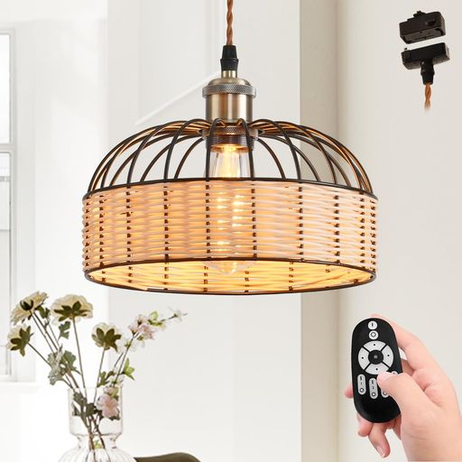 PNRLUX ペンダントライト E26口金 直径25CM 引掛け式 ダクトレール式 吊り下げ照明 引掛シーリングプラグ付き LED電球付き リモコン付き 調光調色 編み式カバー コード付き 100CM