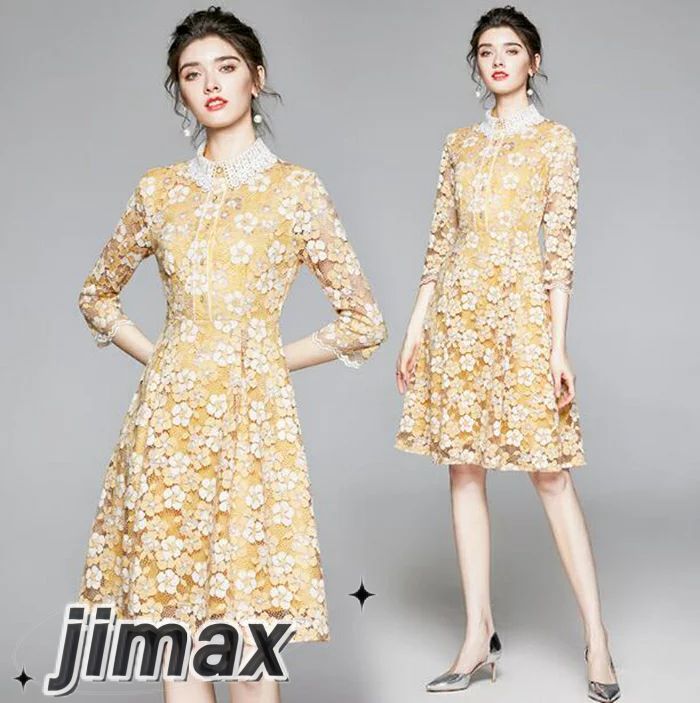 パーティードレス ミモレ丈 花柄刺繍　ワンピース 袖あり 結婚式 ワンピース パーティードレス 膝丈 ミモレ丈 大きいサイズXXL　入園式 二次会 謝恩会 同窓会 服装 発表会 大人 フォーマル 20