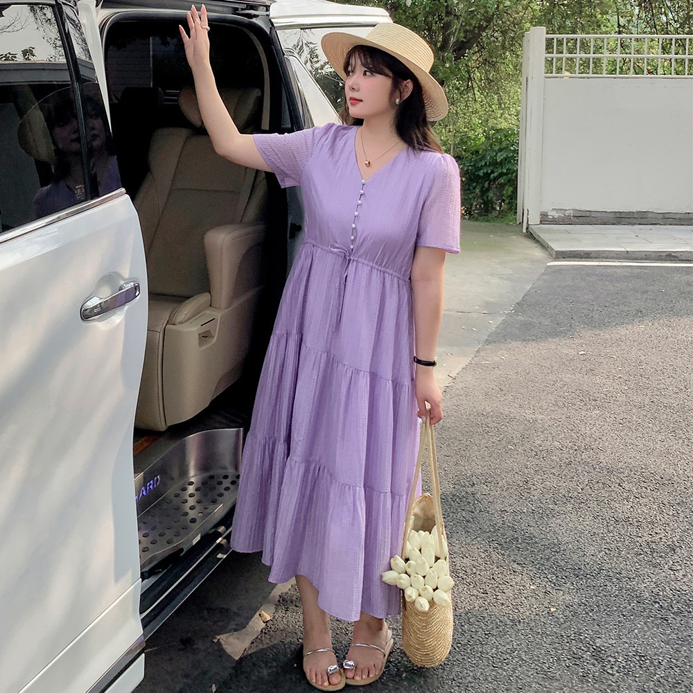 k2713 プラスサイズ婦人服 2024夏 優しいvネックロング足首から足首まで流れるケーキスピーカードレス