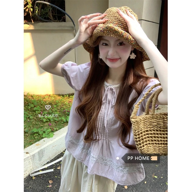 新作Tシャツ 半袖 パフスリーブ レーススプライシングバブルスリーブシャツ夏の優しい半袖シャツ 49,578円