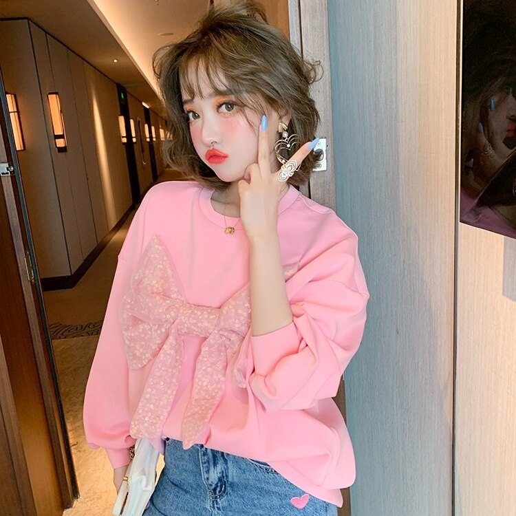 トップス トレーナー 長袖 ラウンドネック リボン かわいい 無地 春 秋 冬 就活 着回し