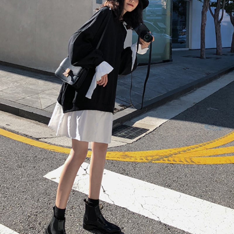 レディース ワンピース バイカラー 袖あり 黒 ブラック 大人可愛い きれいめ 大人 上品