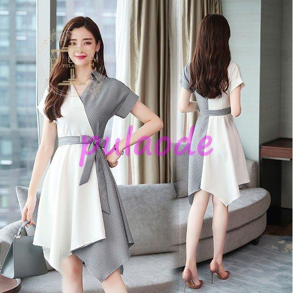 ワンピース レディース きれいめ 40代 夏 膝丈ワンピース 半袖 ストライプ シャツワンピース パーティードレス 韓国風 オシャレ 通勤 大人 OL 上品 着痩せ