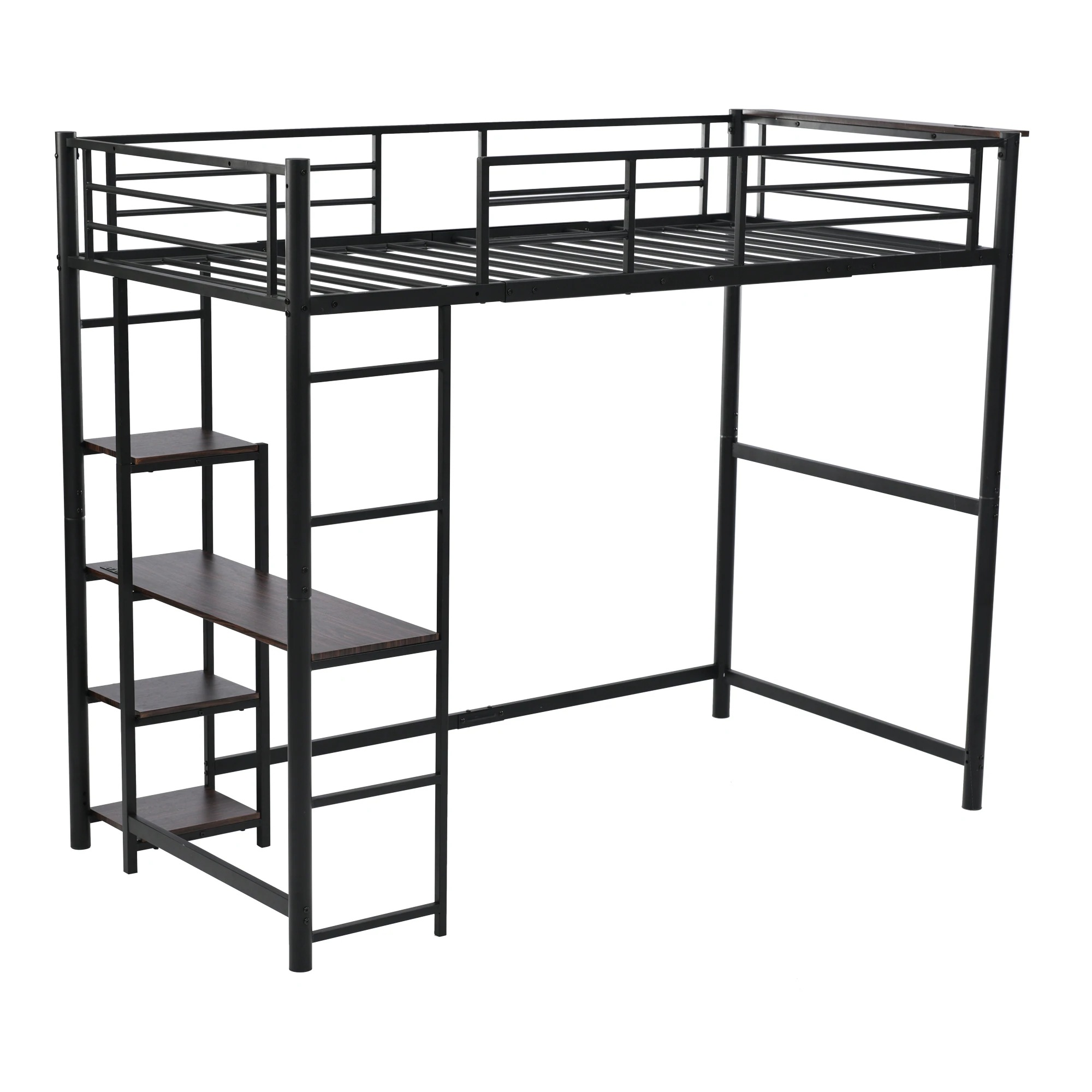 26ロフトベッド パイプベッド シングル 木 デスク付き コンセント付き 耐荷重150kg 高さ170cm 収納棚 ロフトベッド ハイタイプ はしご付き 北欧風 子供部屋 送料無料 スチール 耐震 ベ