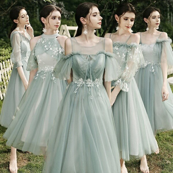 ブライズメイド ドレス ミモレ丈 5タイプ 半編み上げ 半ファスナー 小さいサイズ 肩出し 結婚式 大きいサイズ 袖あり オフショルダー Vネック イブニングドレス フリル ピアノ 発表会 演奏会 S