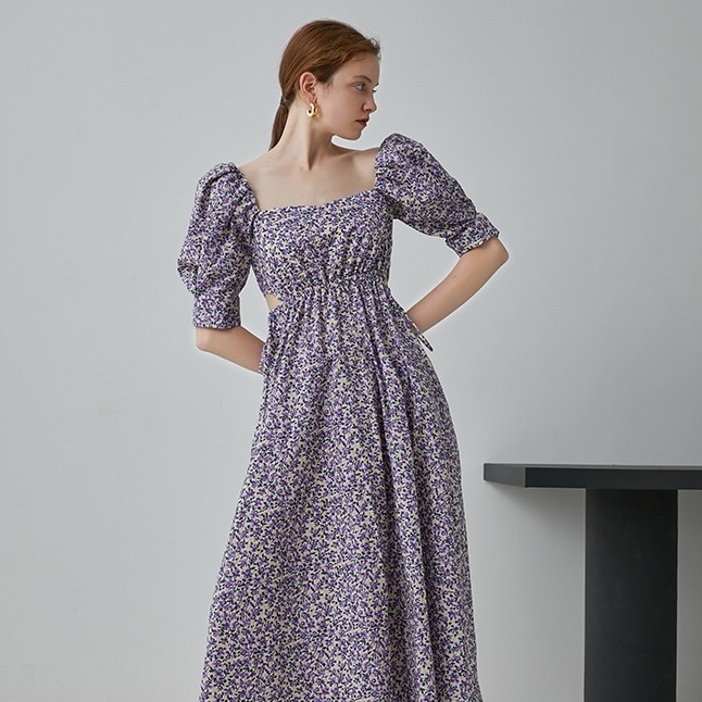 ワンピース レディース フレアワンピース 膝下 ロング丈 袖あり 5分袖 パフスリーブ スクエアネック オフショルダー フラワー 上品 かわいい パフスリーブ 春 夏 花柄 デート 休日 韓国 モテ