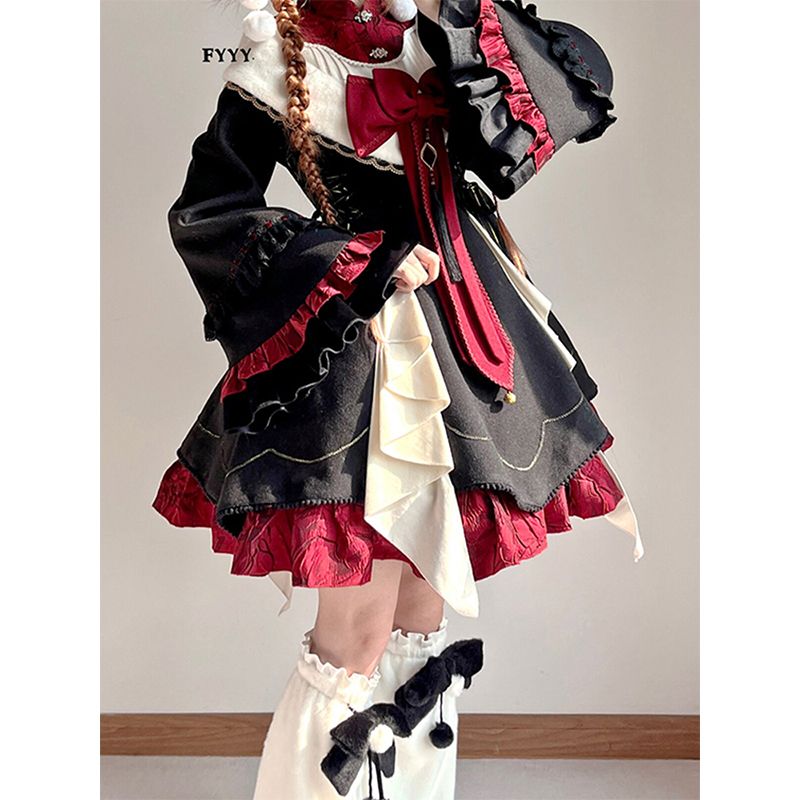黒赤中华风lolitaダークブラックハン要素ワンピースロリータ姫スカートloスカート秋冬スーツ