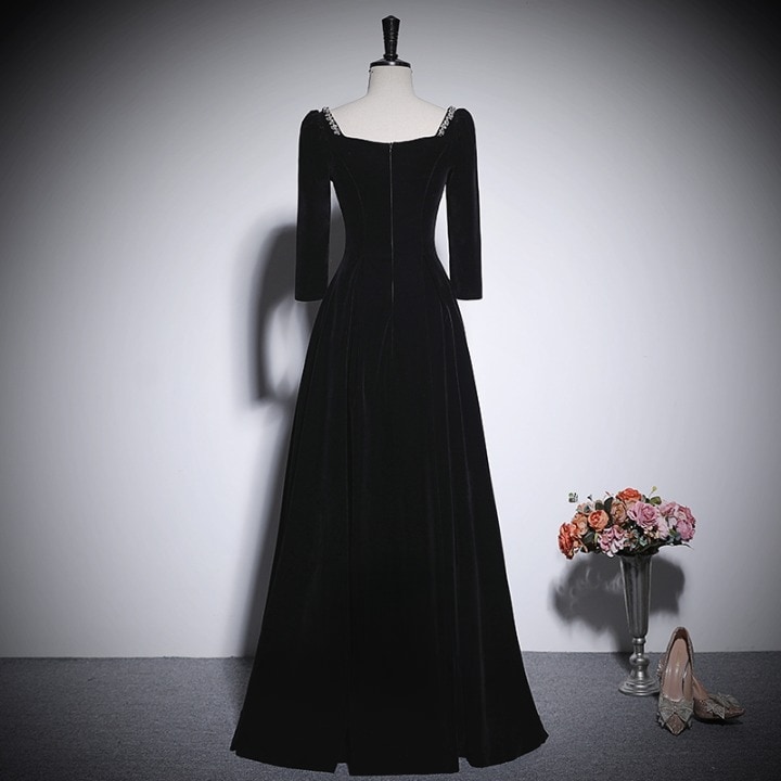 ドレス 衣装 ドレスワンピース イブニングドレス ブラックドレス 長袖 パフスリーブ 刺繡 胸元 ロング丈 バックシャン ベルベット ステージドレス 発表会 かわいい 大人可愛い きれいめ シンプル