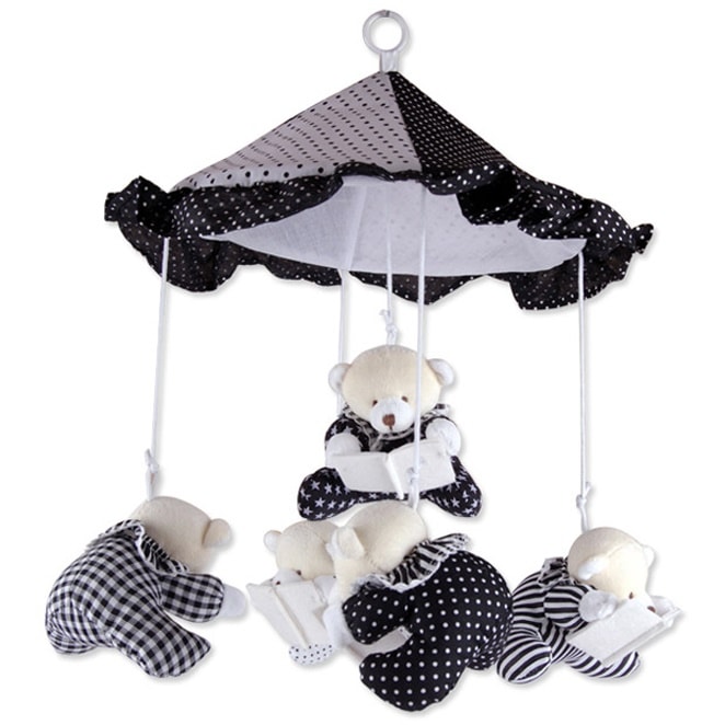 白黒 モービル 読書熊 新生児用 視覚発達 メロディー ぜんまい