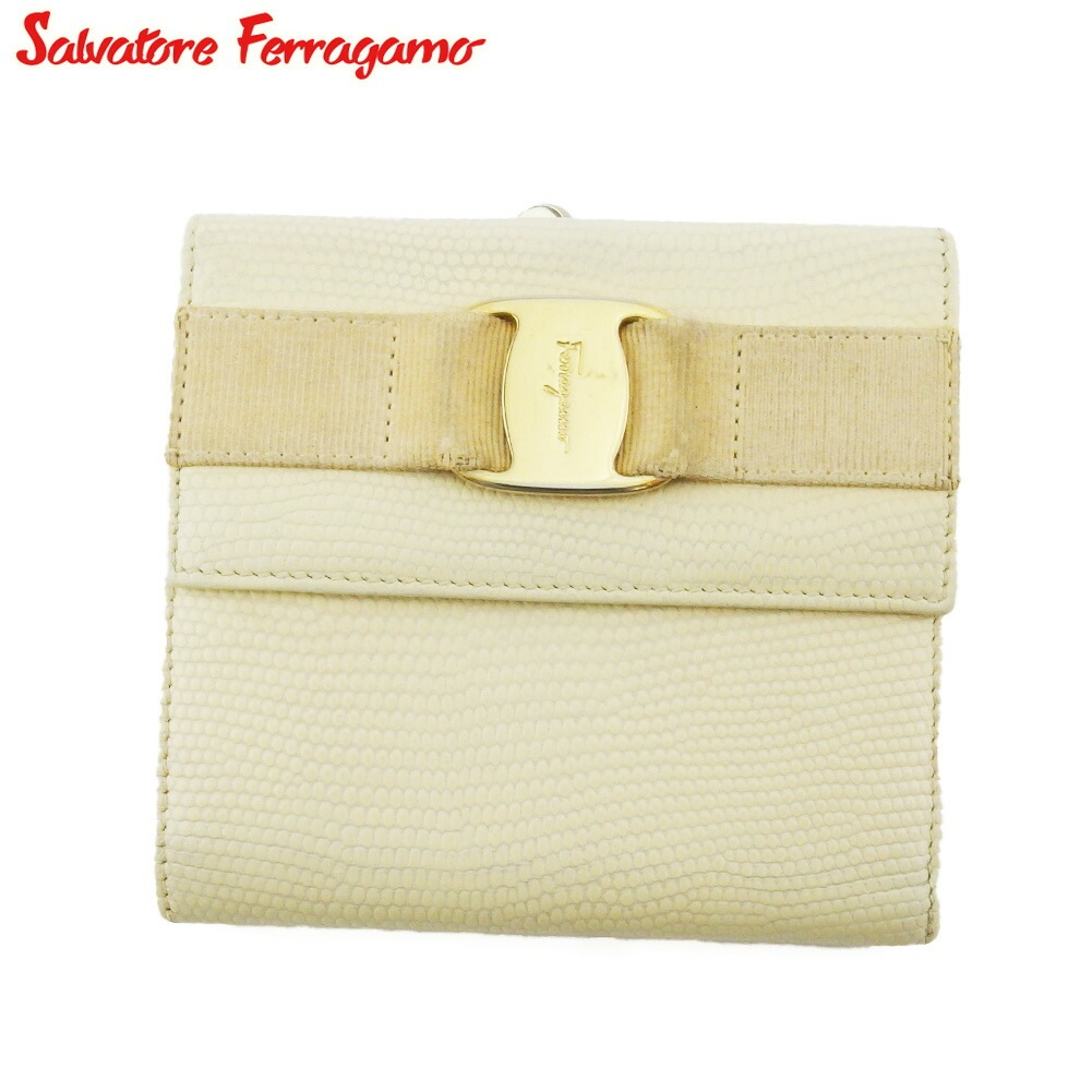 がま口 財布 三つ折り ミニ財布 ヴァラ レディース リザード調 ホワイト 白 ベージュ ゴールド 中古