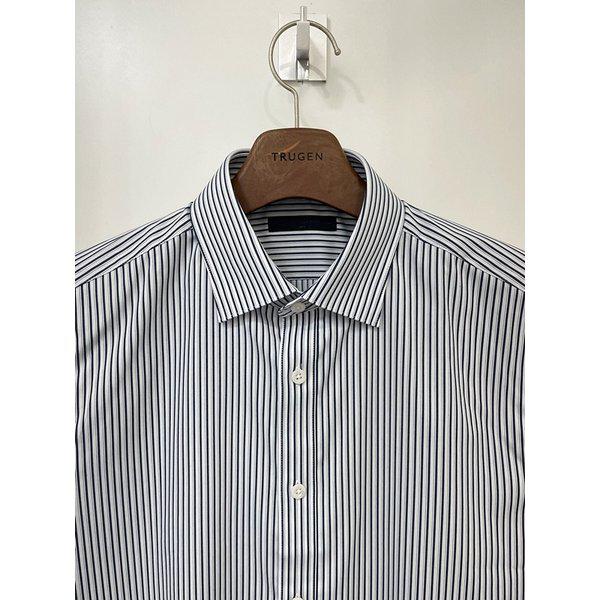 メンズ 伸縮性の高い 長袖 ネイビー ストライプ フォーマル シャツ