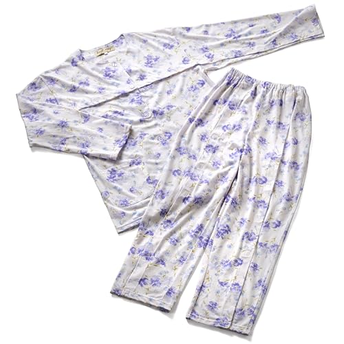 trust map 介護 パジャマ 薄手 天竺 綿100% レディース 全開フルオープン 寝たきり 要介護 術後 入院 点滴中サポート (パープ