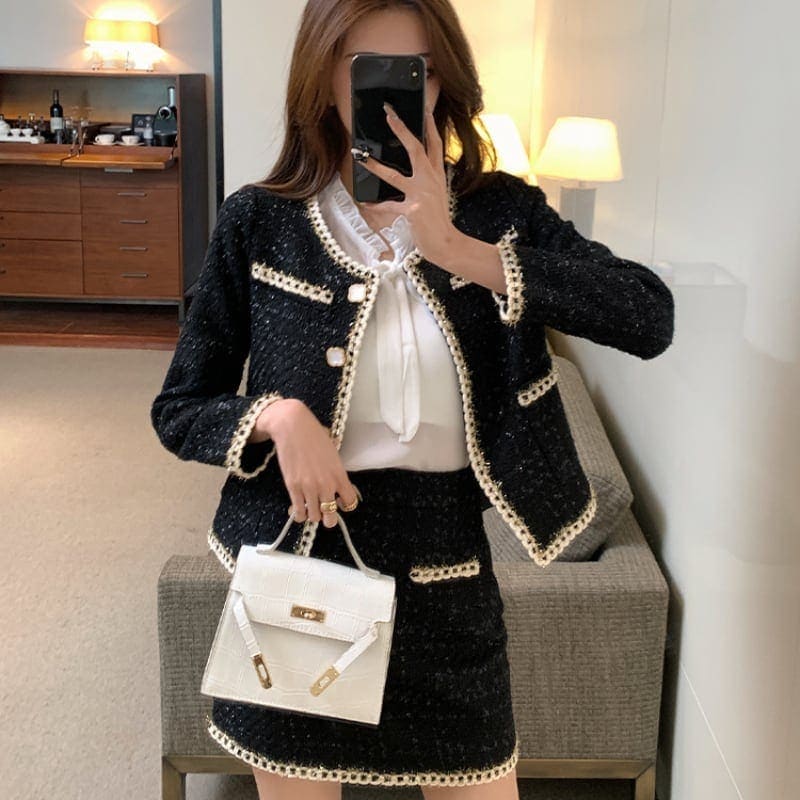 【急速出荷!】【新作入荷】ツイード ジャケット ボウタイ ブラウス ミニスカート セットアップ アウター ショート丈 フリル 長袖 シャツ タイトスカート OL オフィス 韓国っぽ orange