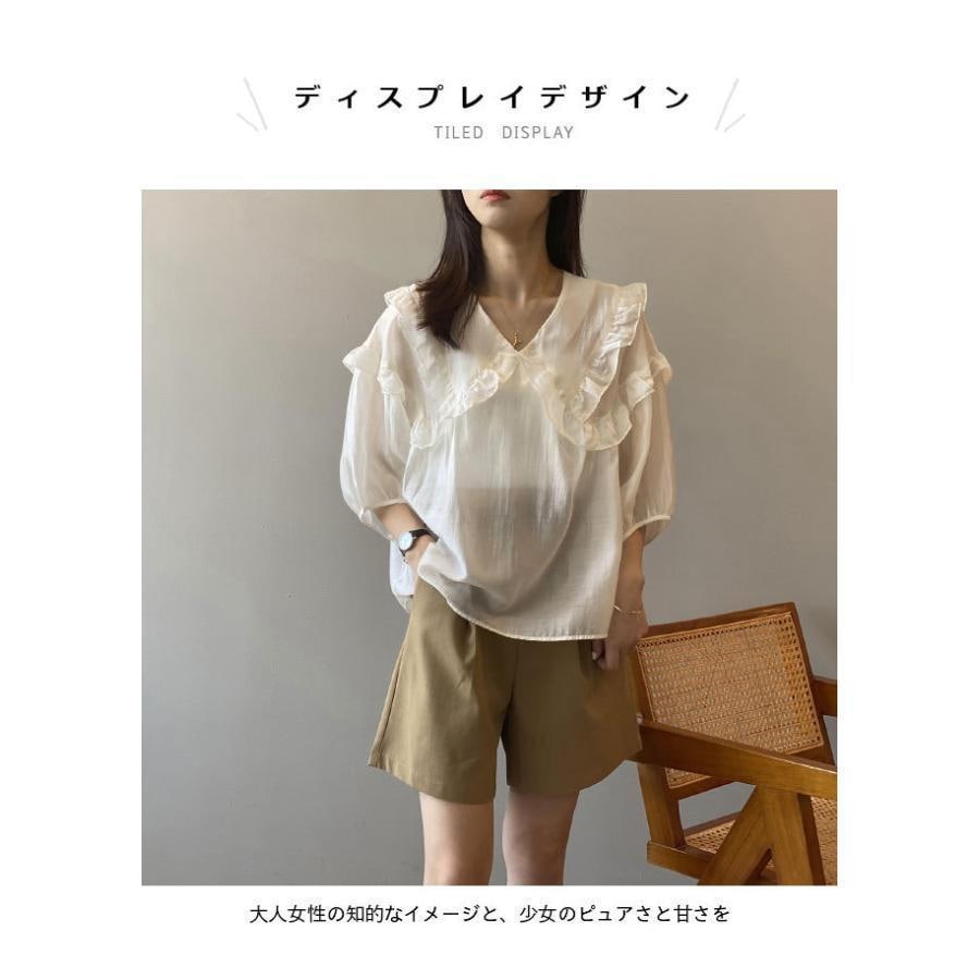 フリルブラウス レディース 5分丈袖ブラウス 夏 ブラウス Vネック レトロ トップス 薄手 サマーブラウス オーバーサイズ 5分丈袖