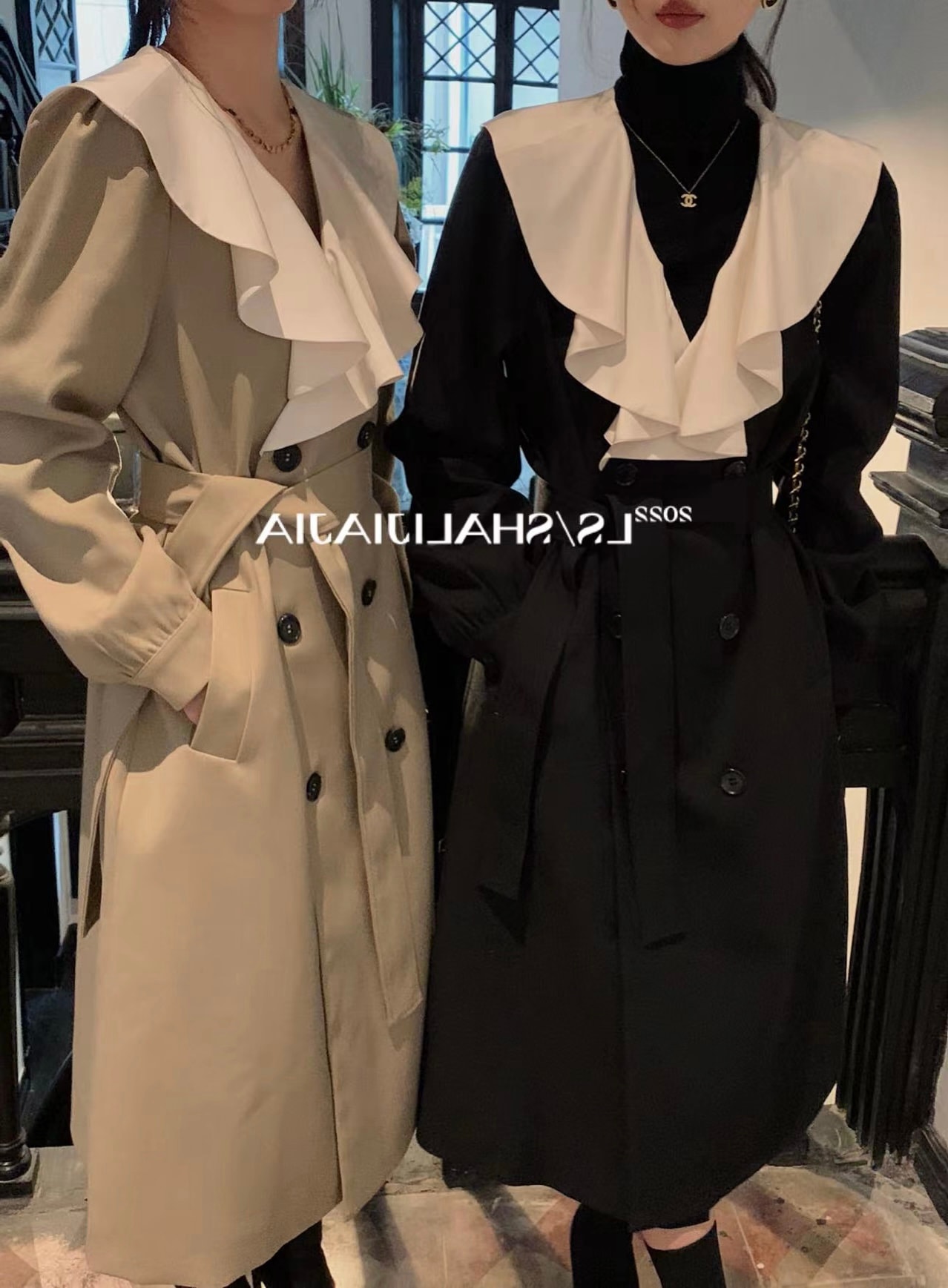 日本未発売！フリルネック ロングオーバーザニー トレンチコート ロングコート フレンチウエスト フリル ダブルブレスト コート レディース 秋冬 ジャケット アウター 可愛い 上品　a4545