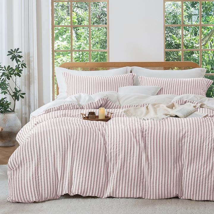 寝具カバーセット 4点セット ベッドカバーセット 自用・来客用・贈答用 掛け布団カバーに固定ひも8本＆側面ファスナー(ローズベージュ, セミダブル)