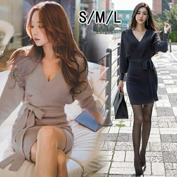 ニットワンピ タイト セクシー Vネック レディース 秋 冬 ニットワンピース ミニ丈 デート服 ワンピース 韓国風 きれいめ 20代 30代 40代 ベージュ ブラック S/M/L dm051t2